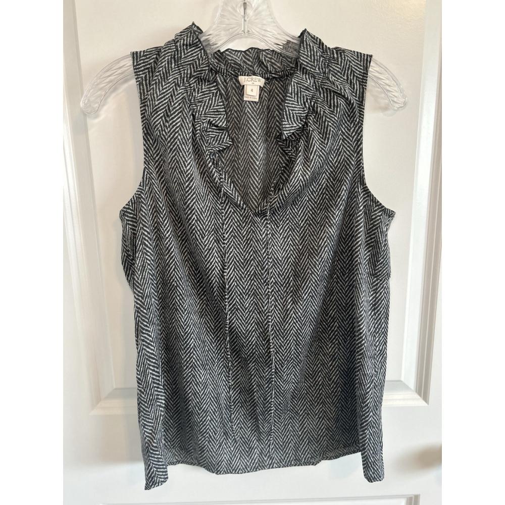 J. Crew Size 4 Women Herringbone Pullover Blouse Top Sleeveless Ruffle Neck